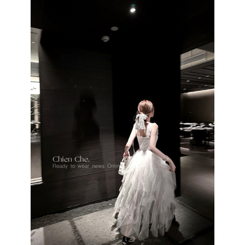 Rochie din plasă cu bretele, decolteu în V, fără mâneci, lungă, tiv asimetric