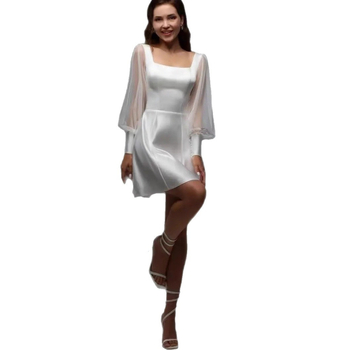 Rochie de mireasă în linie A, talie înaltă, fără mâneci, țesătură poliester 80–90%, toamna 2025