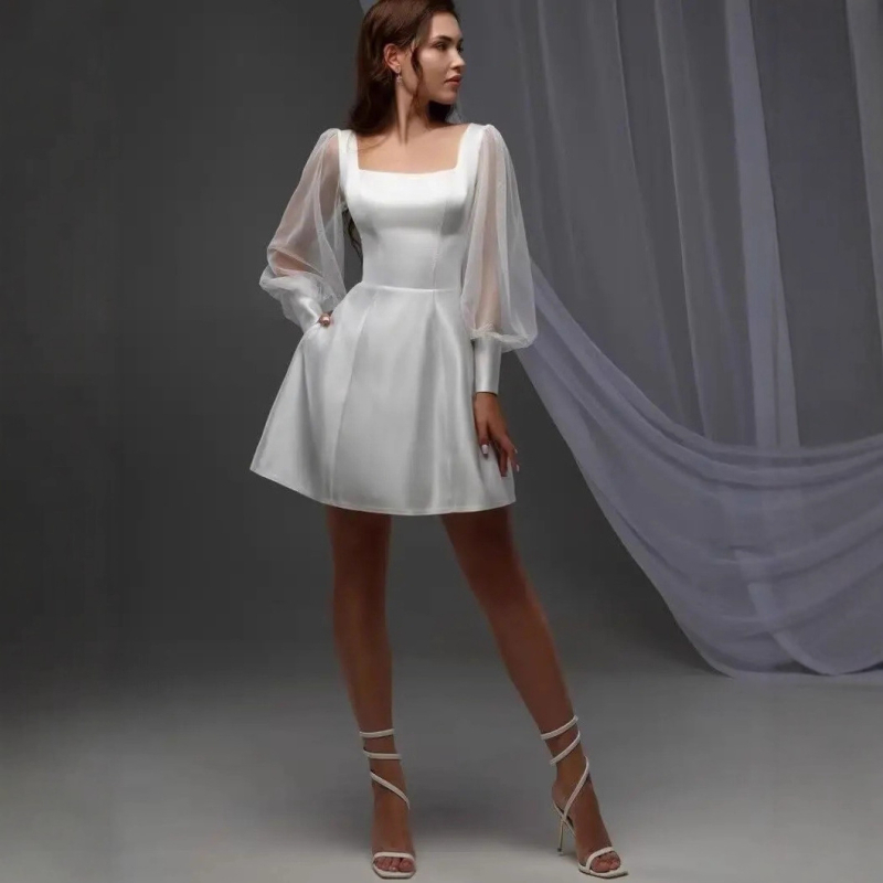 Rochie de mireasă în linie A, talie înaltă, fără mâneci, țesătură poliester 80–90%, toamna 2025