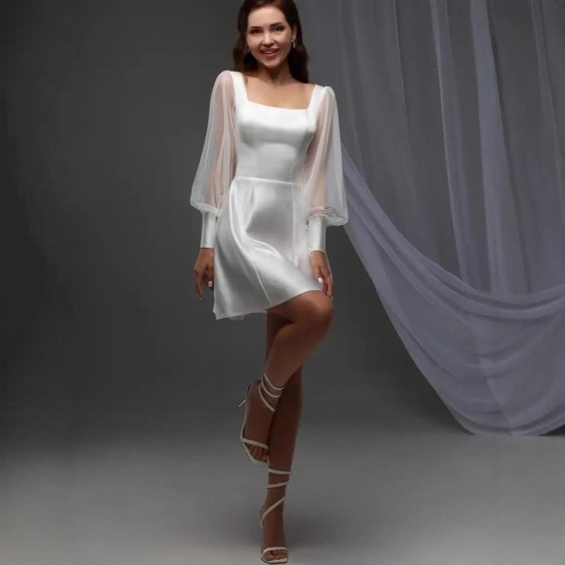 Rochie de mireasă în linie A, talie înaltă, fără mâneci, țesătură poliester 80–90%, toamna 2025