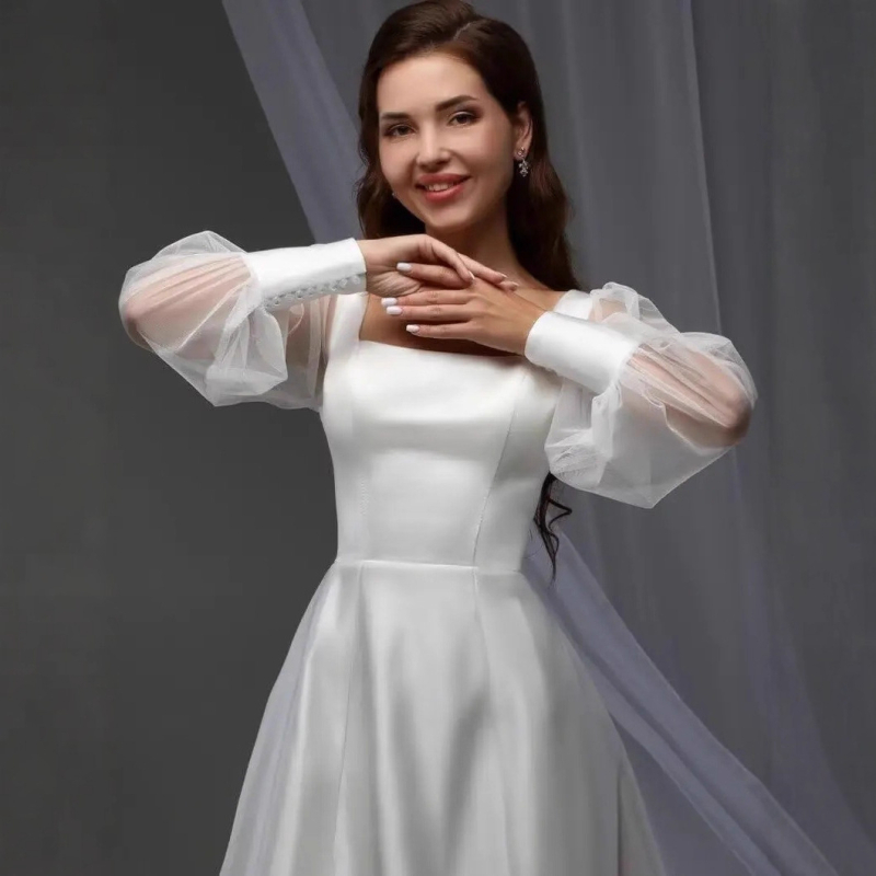 Rochie de mireasă în linie A, talie înaltă, fără mâneci, țesătură poliester 80–90%, toamna 2025