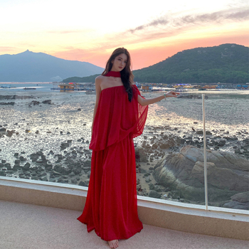 Rochie chiffon lungă, în linie A, fără mâneci, stil camisole, talie înaltă