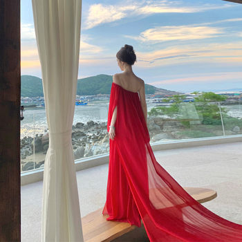 Rochie chiffon lungă, în linie A, fără mâneci, stil camisole, talie înaltă