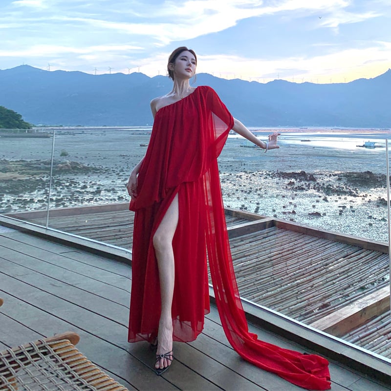 Rochie chiffon lungă, în linie A, fără mâneci, stil camisole, talie înaltă