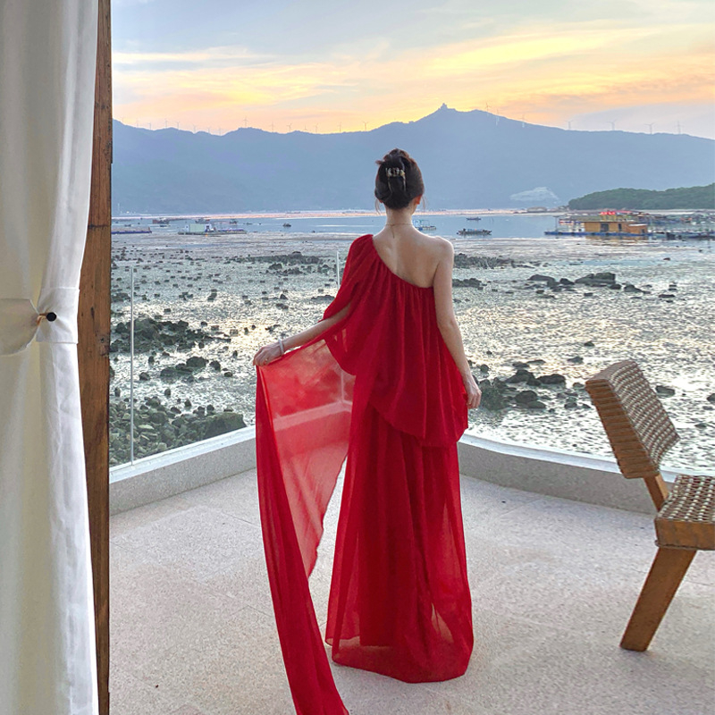 Rochie chiffon lungă, în linie A, fără mâneci, stil camisole, talie înaltă