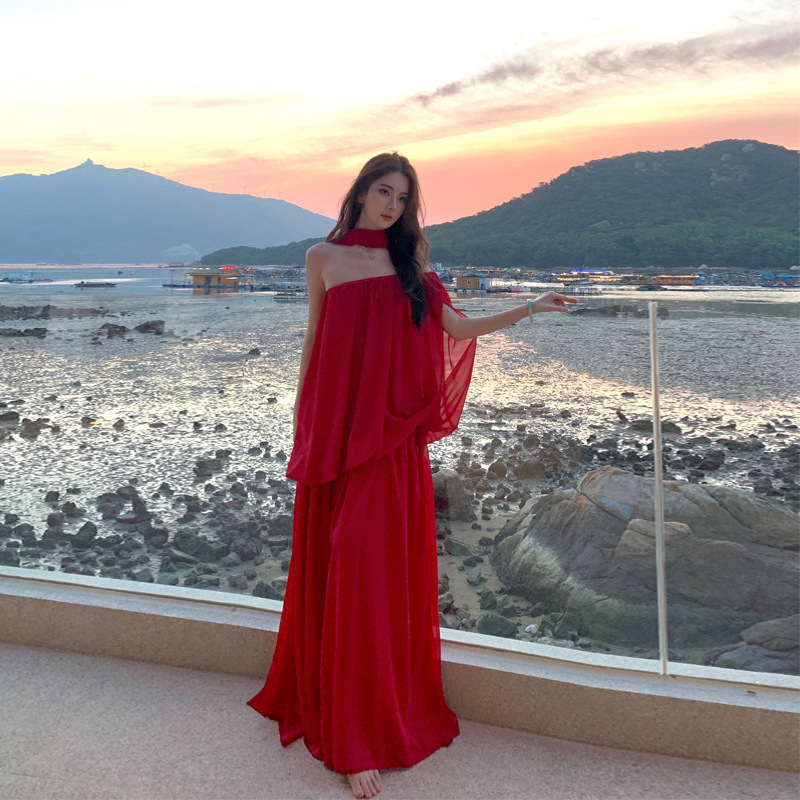 Rochie chiffon lungă, în linie A, fără mâneci, stil camisole, talie înaltă