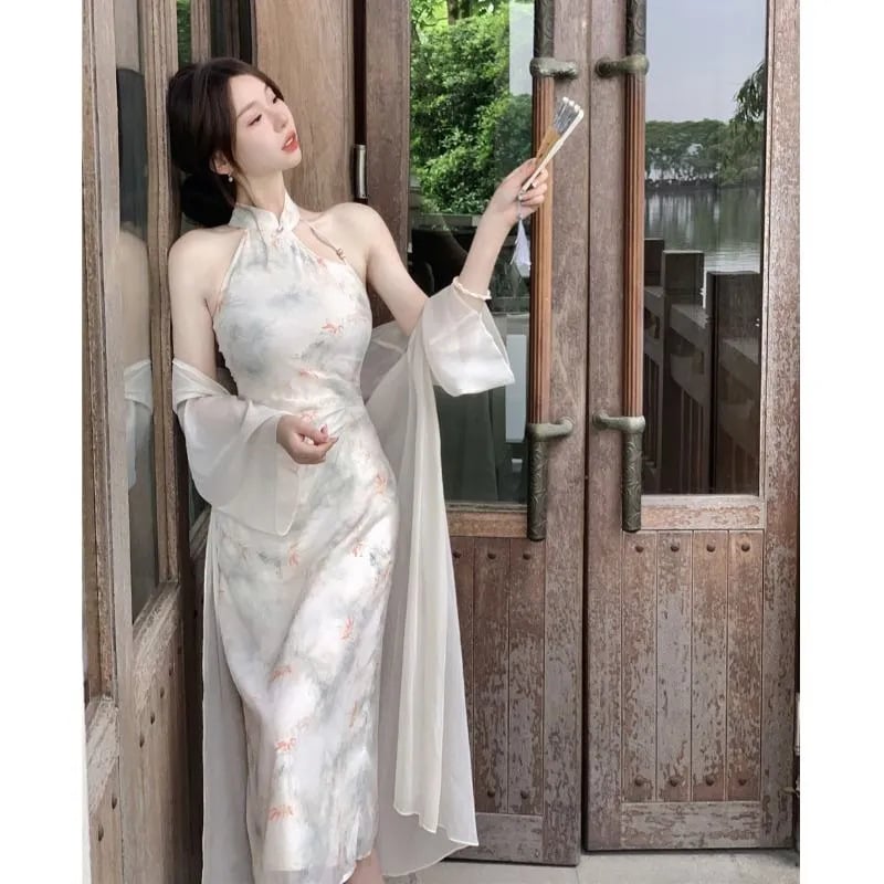 Halterneck Cheongsam haljina u kineskom stilu s geometrijskim uzorkom, poliester, bez rukava, stojeći ovratnik, A-linija duga suknja
