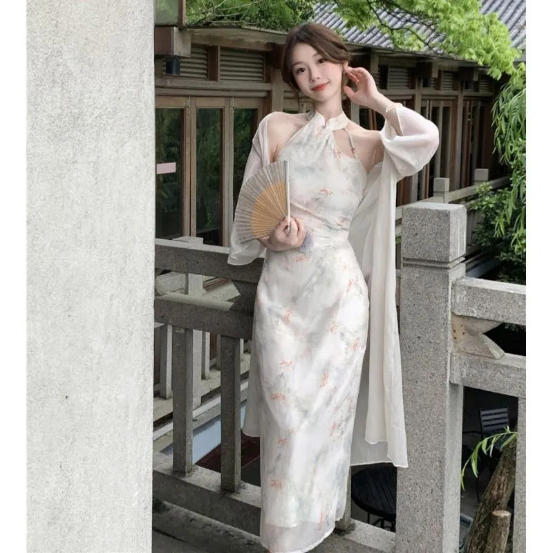 Halterneck Cheongsam haljina u kineskom stilu s geometrijskim uzorkom, poliester, bez rukava, stojeći ovratnik, A-linija duga suknja