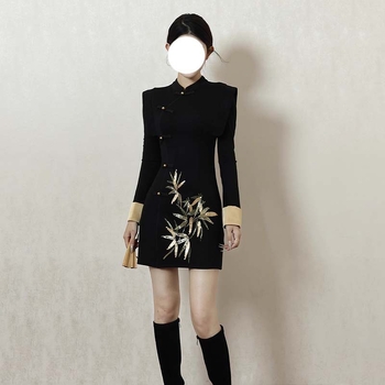 Rochie inspirată de qipao, cu guler înalt, broderie, poliester stretch, mâneci lungi, croială în A-line, lungime medie