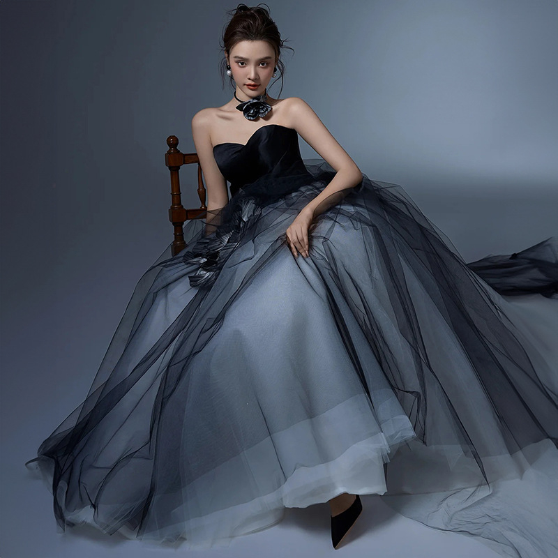 Rochie de mireasă fără bretele, cu fustă tutu și strat de plasă, în stil Mori, poliester, primăvara 2024