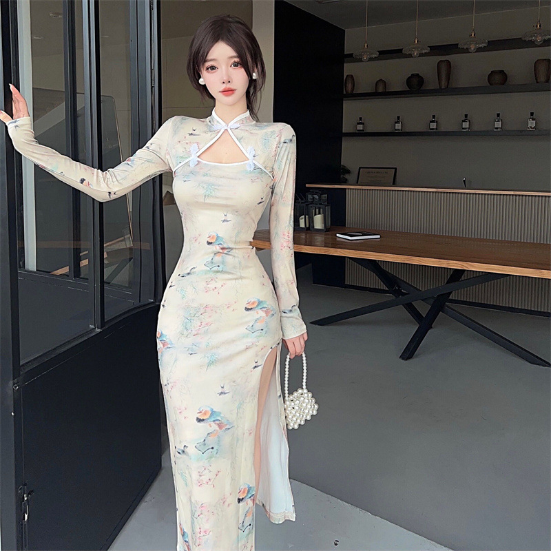 Rochie retro cu imprimeu, mâneci lungi, guler înalt, midi lungime, poliester