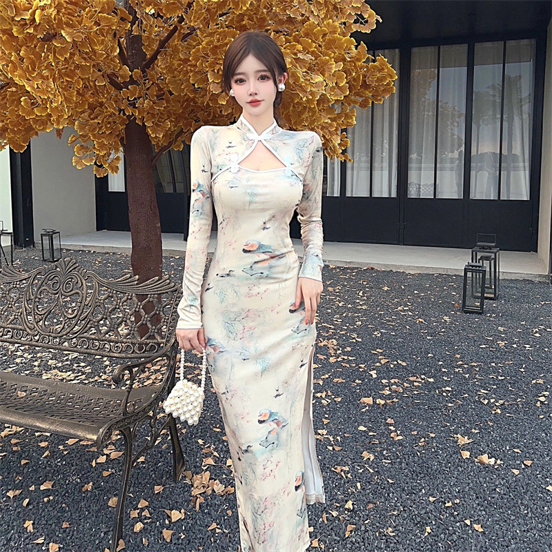 Rochie retro cu imprimeu, mâneci lungi, guler înalt, midi lungime, poliester