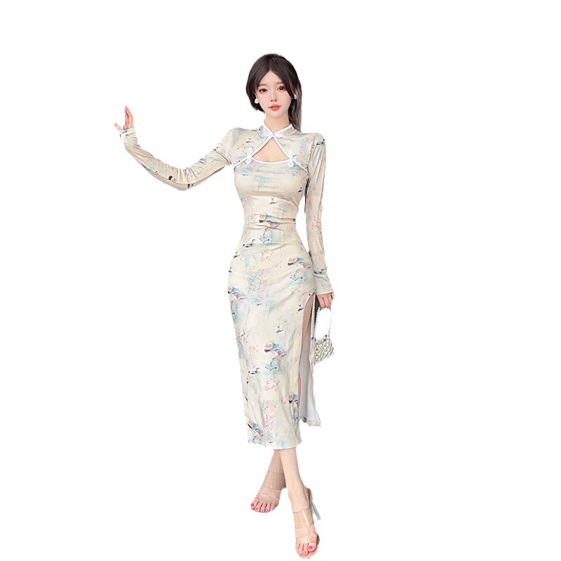 Rochie retro cu imprimeu, mâneci lungi, guler înalt, midi lungime, poliester