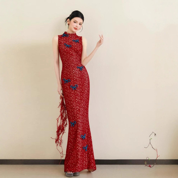 Rochie de seară în stil chinezesc, fără mâneci, talie înaltă, guler înalt, lungă, din poliester
