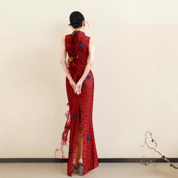 Rochie de seară în stil chinezesc, fără mâneci, talie înaltă, guler înalt, lungă, din poliester