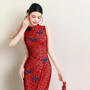 Rochie de seară în stil chinezesc, fără mâneci, talie înaltă, guler înalt, lungă, din poliester
