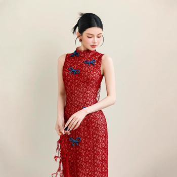 Rochie de seară în stil chinezesc, fără mâneci, talie înaltă, guler înalt, lungă, din poliester