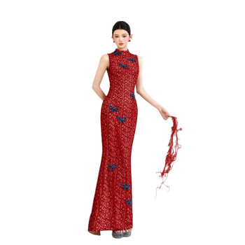 Rochie de seară în stil chinezesc, fără mâneci, talie înaltă, guler înalt, lungă, din poliester