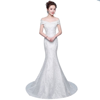 Rochie de mireasă cu coadă de sirenă, talie accentuată, croială slim, material 90% bumbac