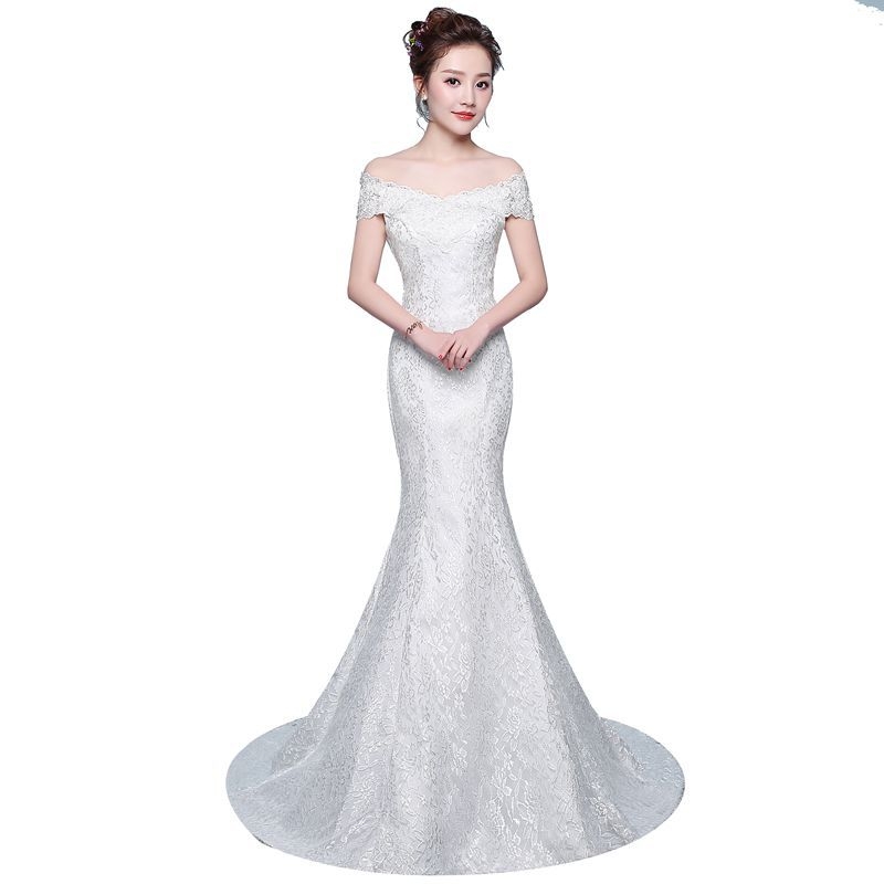 Rochie de mireasă cu coadă de sirenă, talie accentuată, croială slim, material 90% bumbac