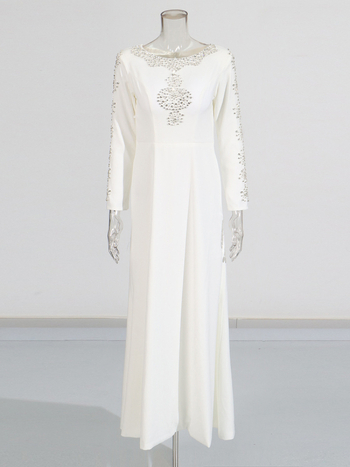 Rochie de seară A-line cu decolteu rotund, inserții de cristal, talie la mijloc, material bumbac-poliester