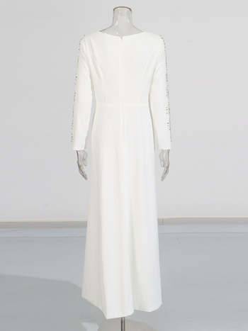 Rochie de seară A-line cu decolteu rotund, inserții de cristal, talie la mijloc, material bumbac-poliester