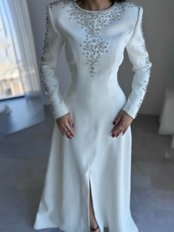 Rochie de seară A-line cu decolteu rotund, inserții de cristal, talie la mijloc, material bumbac-poliester