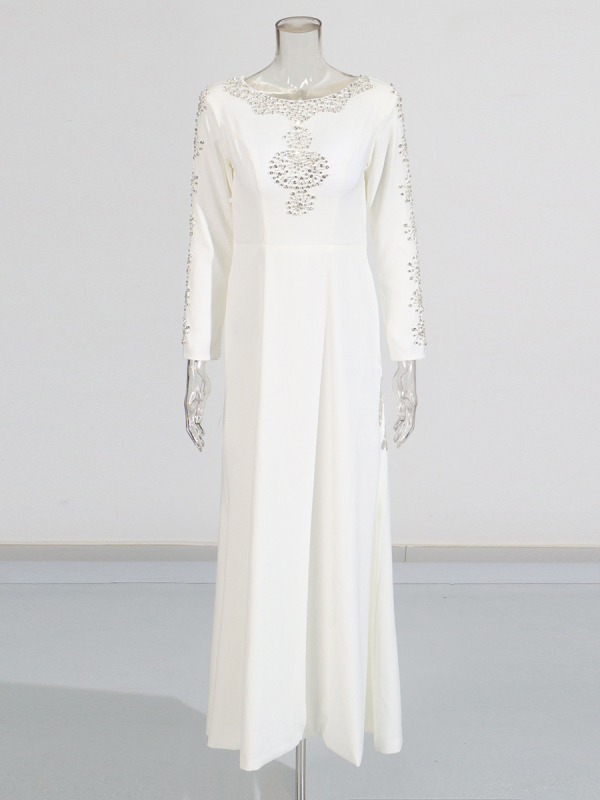 Rochie de seară A-line cu decolteu rotund, inserții de cristal, talie la mijloc, material bumbac-poliester