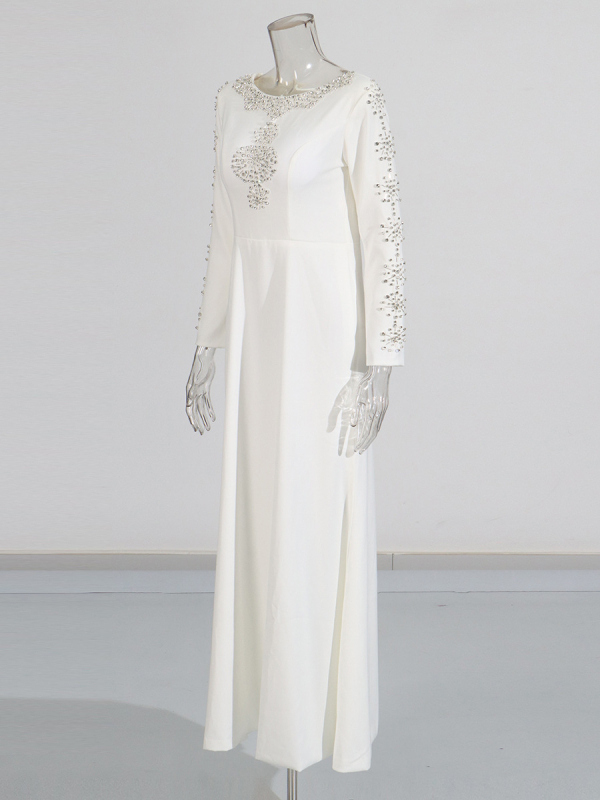 Rochie de seară A-line cu decolteu rotund, inserții de cristal, talie la mijloc, material bumbac-poliester