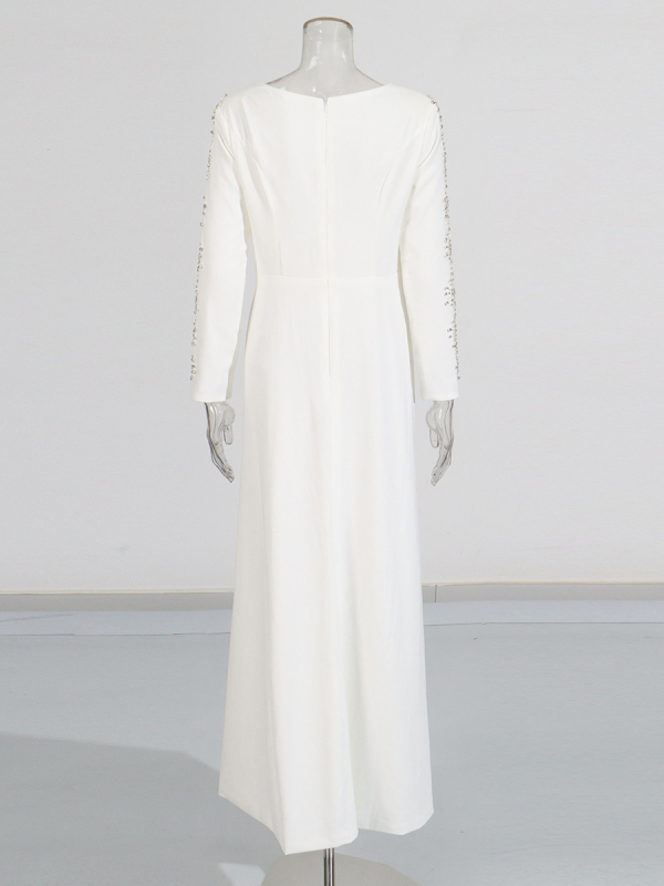 Rochie de seară A-line cu decolteu rotund, inserții de cristal, talie la mijloc, material bumbac-poliester