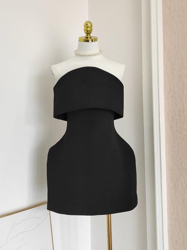 Váll nélküli ruha Tube-Top stílussal, puffos mini szoknyával, középső derék, cipzáras záródás, francia retro stílus