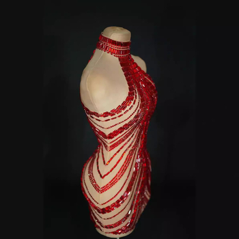 Φόρεμα — Halter Neck, χωρίς μανίκια, διαφανές πλέγμα με διαμάντι-διακόσμηση, κομψό και σέξι για πάρτι (Ύφασμα: βαμβάκι-πολυεστέρας; Κύριο περιεχόμενο υφάσματος: 95%+; Μανίκια: χωρίς μανίκια; Λαιμός: Halter; Τύπος φούστας: hip skirt)