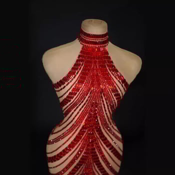 Φόρεμα — Halter Neck, χωρίς μανίκια, διαφανές πλέγμα με διαμάντι-διακόσμηση, κομψό και σέξι για πάρτι (Ύφασμα: βαμβάκι-πολυεστέρας; Κύριο περιεχόμενο υφάσματος: 95%+; Μανίκια: χωρίς μανίκια; Λαιμός: Halter; Τύπος φούστας: hip skirt)