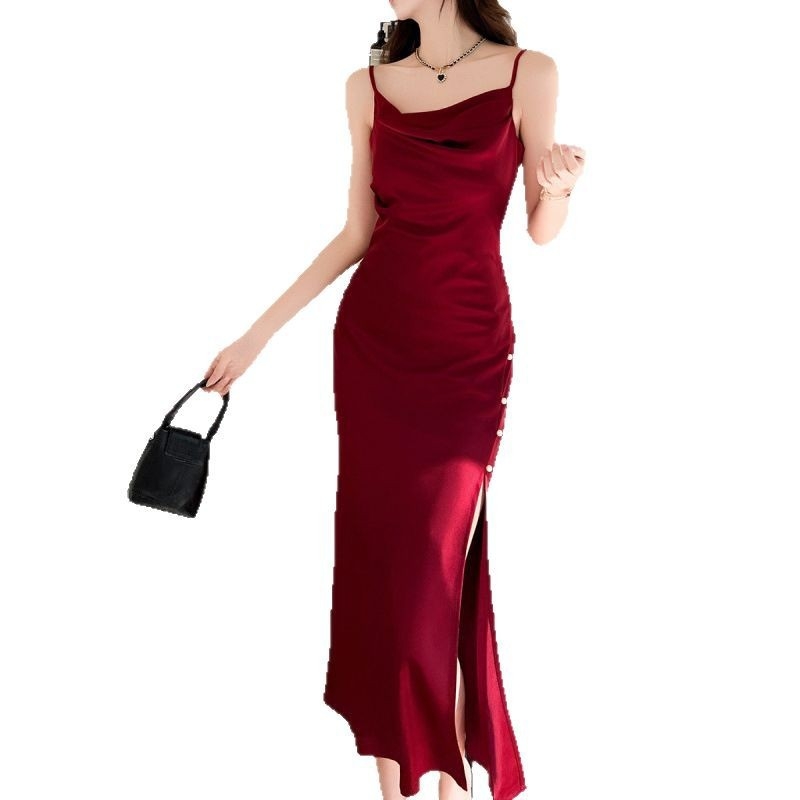 Elegantne satenske halter šaty, bez rukava, visokim strukom i dugim krojem