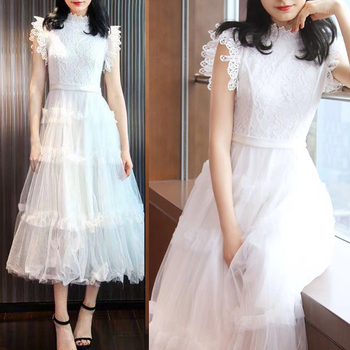 rochie lungă de damă din dantelă cu talie înaltă, guler rotund, fermoar