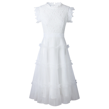 rochie lungă de damă din dantelă cu talie înaltă, guler rotund, fermoar