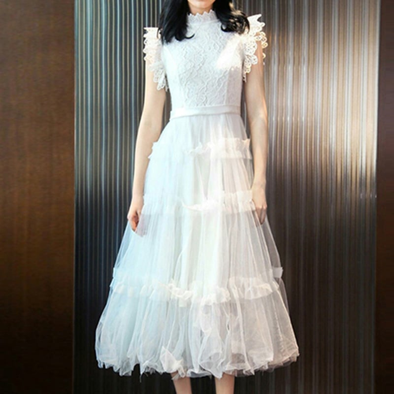 rochie lungă de damă din dantelă cu talie înaltă, guler rotund, fermoar