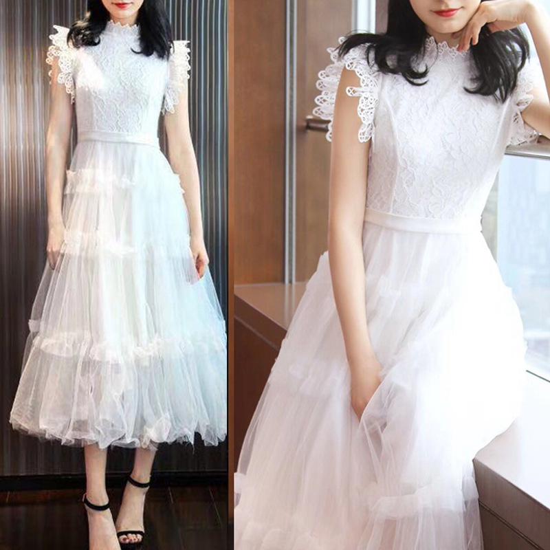 rochie lungă de damă din dantelă cu talie înaltă, guler rotund, fermoar