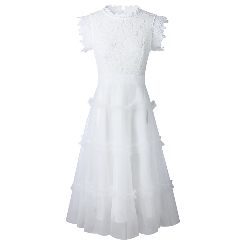 rochie lungă de damă din dantelă cu talie înaltă, guler rotund, fermoar