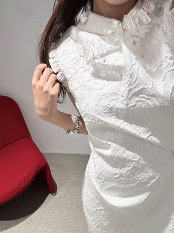 Rochie Cheongsam cu mărgele, Jacquard, amestec poliester 30-50%, vară 2025
