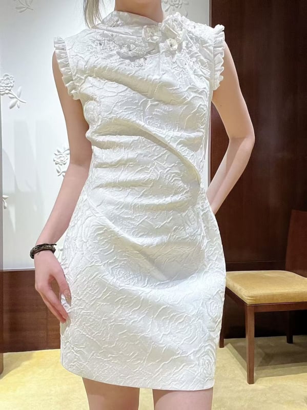 Rochie Cheongsam cu mărgele, Jacquard, amestec poliester 30-50%, vară 2025