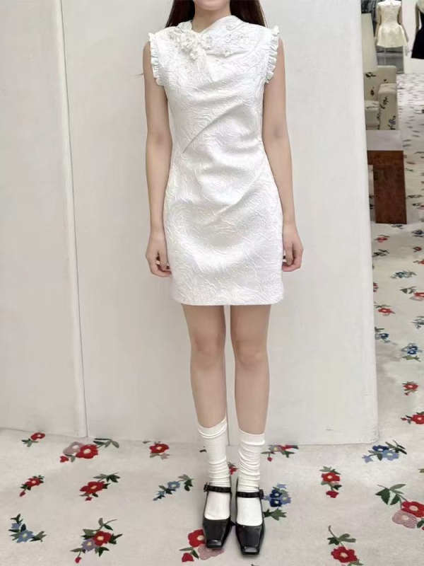 Rochie Cheongsam cu mărgele, Jacquard, amestec poliester 30-50%, vară 2025