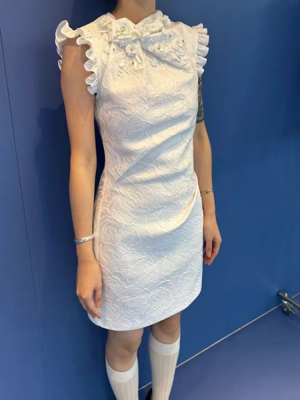 Rochie Cheongsam cu mărgele, Jacquard, amestec poliester 30-50%, vară 2025