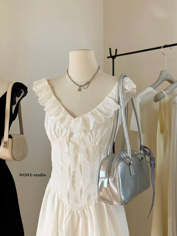 Čipkasta haljina s visokim strukom, bez rukava, A-linijskog kroja, V izrez, ljetna kolekcija 2025, jednobojni uzorak