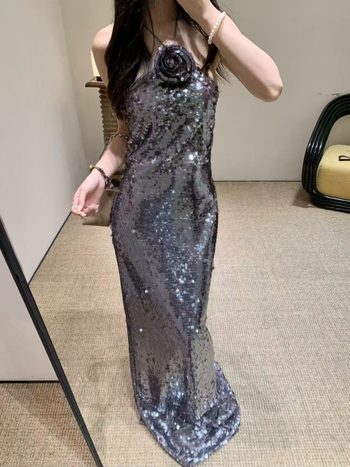 Poliesterska haljina s halterom, duga, visok pas, bez rukava