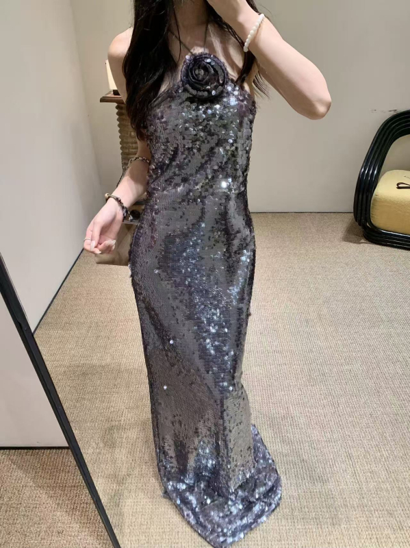 Poliesterska haljina s halterom, duga, visok pas, bez rukava