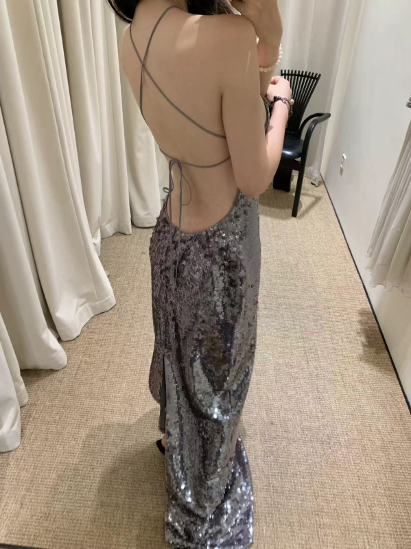 Poliesterska haljina s halterom, duga, visok pas, bez rukava