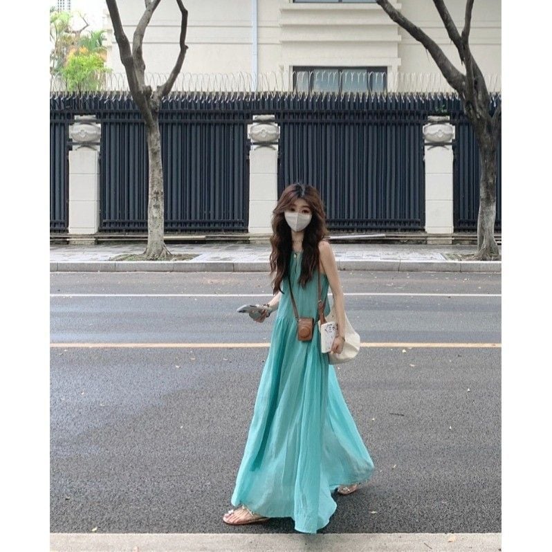 Haljina s trakama, duga, bez rukava, poliester, slobodan struk