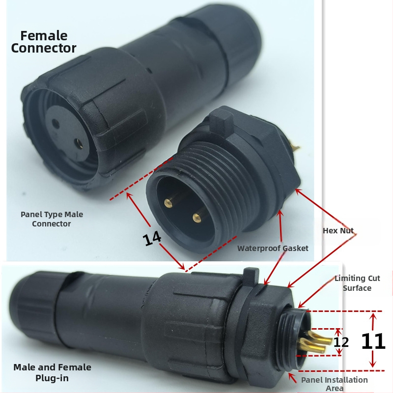 M14 водоустойчив авиационен конектор — щепсел и гнездо, 2–8 полюса, 220V, AC/DC интерфейс, медни контакти