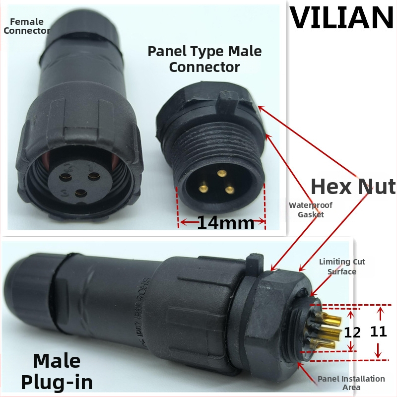 M14 водоустойчив авиационен конектор — щепсел и гнездо, 2–8 полюса, 220V, AC/DC интерфейс, медни контакти
